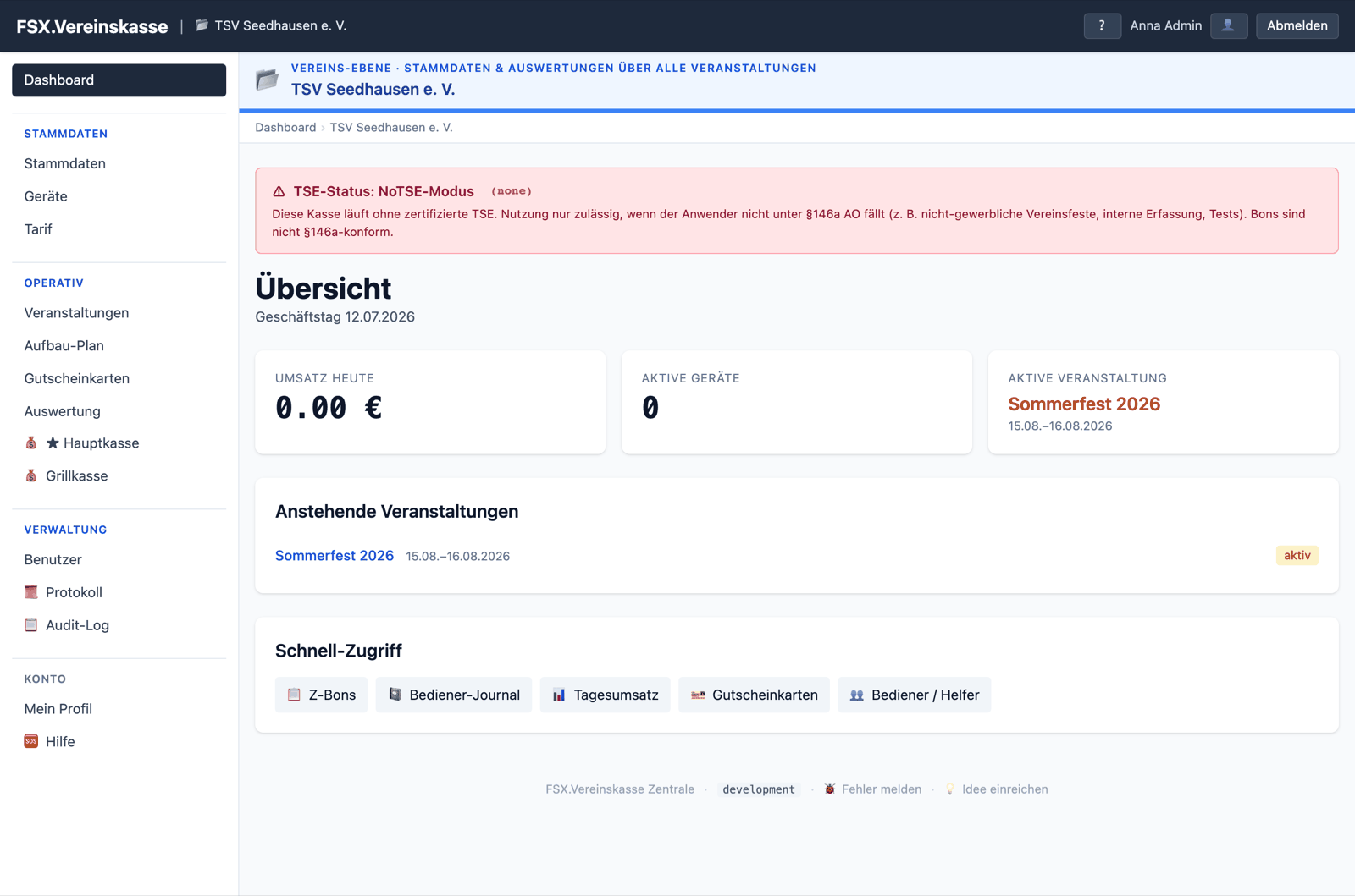 Dashboard mit aktuellen Kennzahlen und laufenden Veranstaltungen
